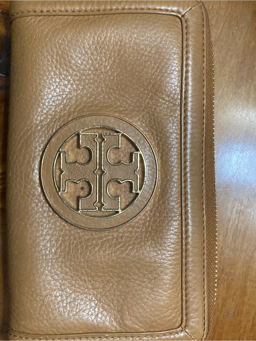 Tory Burch Pebbled Leather Zip Wallet in Cognac